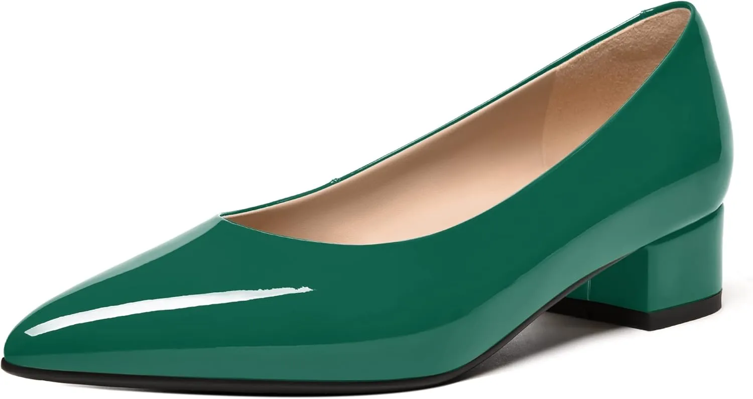 FEMSTEP Women's Low Heels Pointed Toe Casual Patent Leather Slip On Chunky Pumps Shoes 1.5 Inch