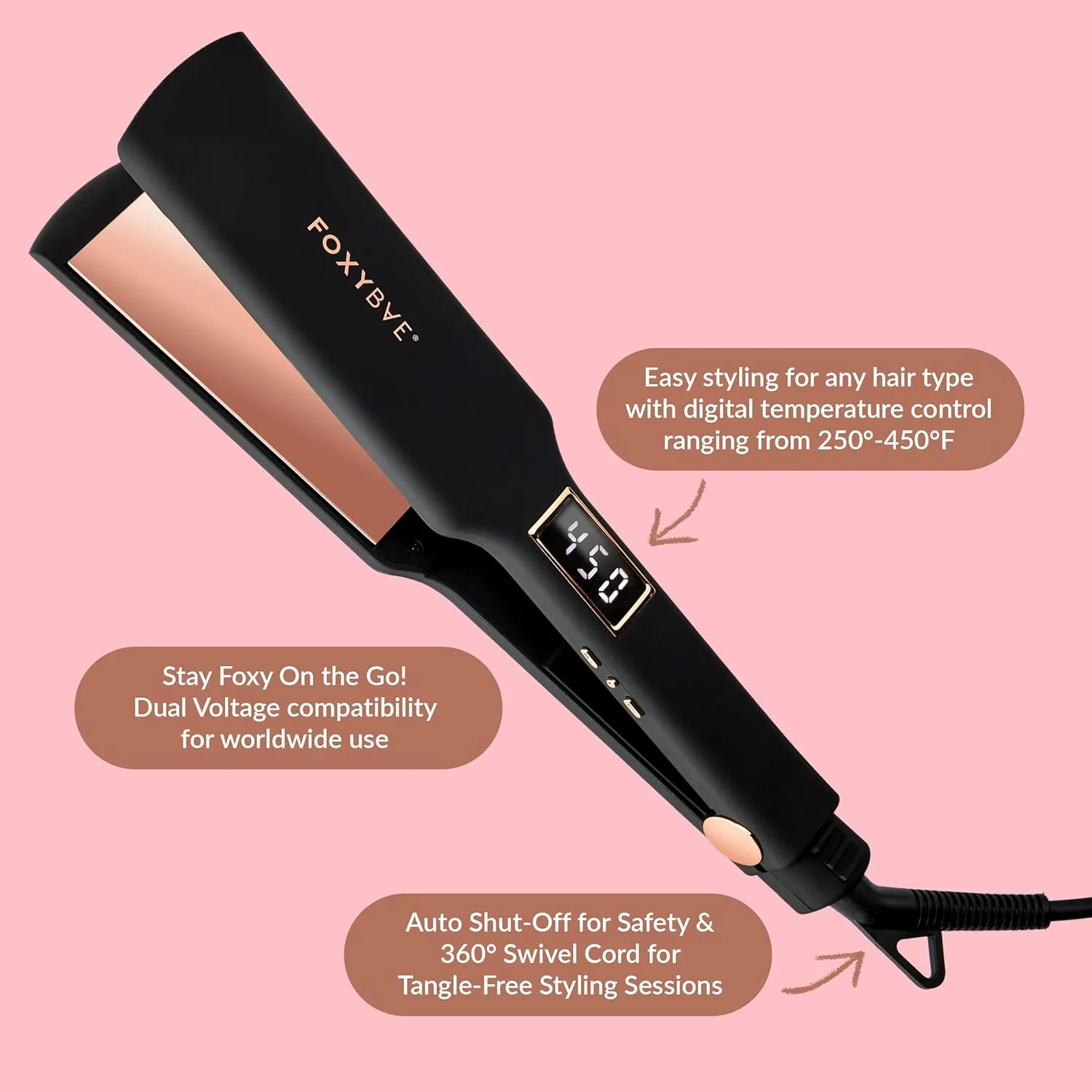 FoxyBae Flat Iron Hair Straightener - TRÉS Sleek 1.75" Wide Plate Titanium Flat-Iron - Dual Voltage Portable Professional Hair Straightener - Hot Tools - Locks Moisture & Shine [Black Rose-Gold]