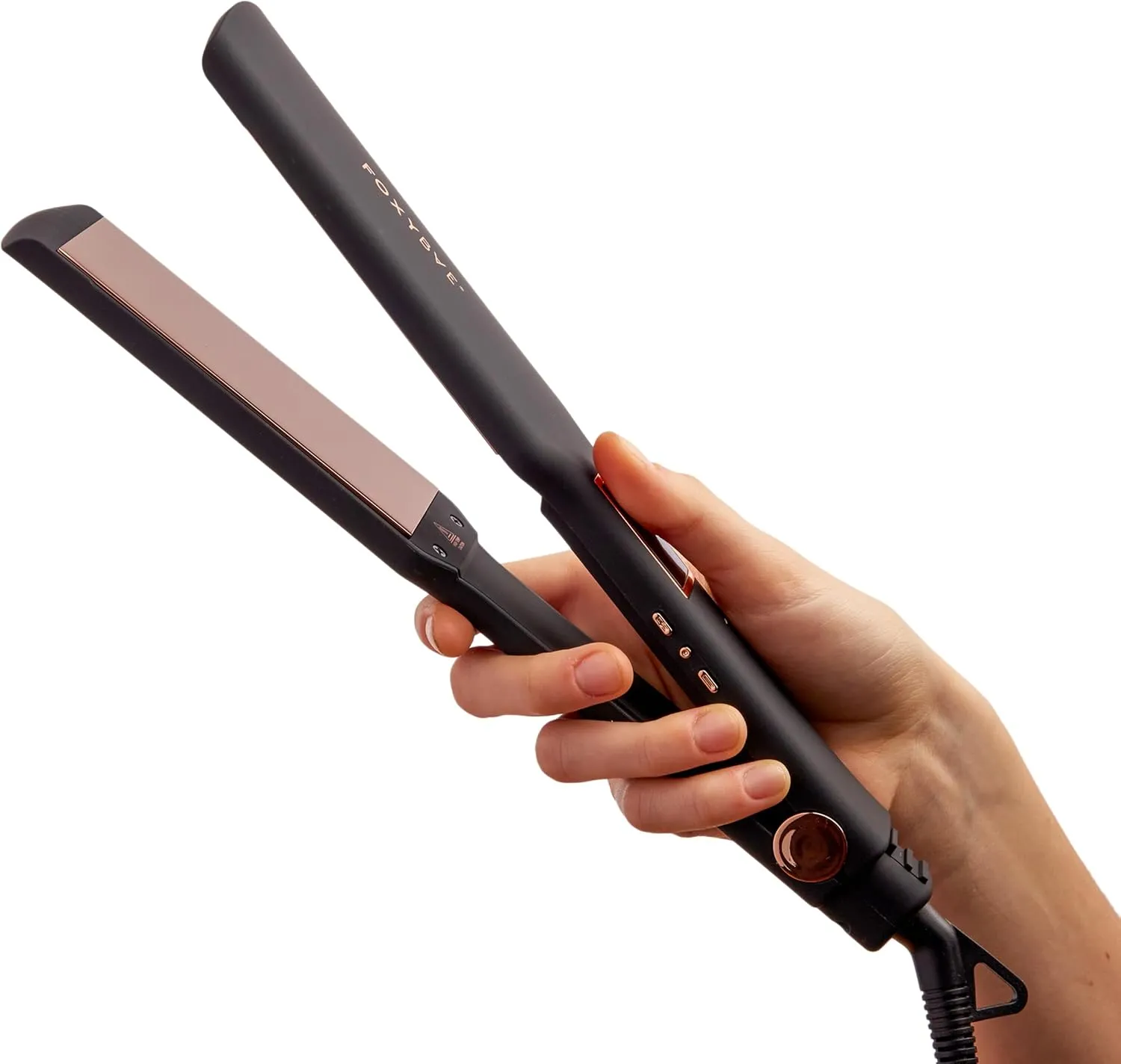 FoxyBae Flat Iron Hair Straightener - TRÉS Sleek 1.75" Wide Plate Titanium Flat-Iron - Dual Voltage Portable Professional Hair Straightener - Hot Tools - Locks Moisture & Shine [Black Rose-Gold]