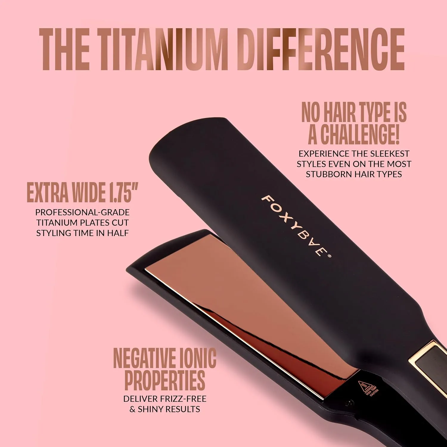 FoxyBae Flat Iron Hair Straightener - TRÉS Sleek 1.75" Wide Plate Titanium Flat-Iron - Dual Voltage Portable Professional Hair Straightener - Hot Tools - Locks Moisture & Shine [Black Rose-Gold]