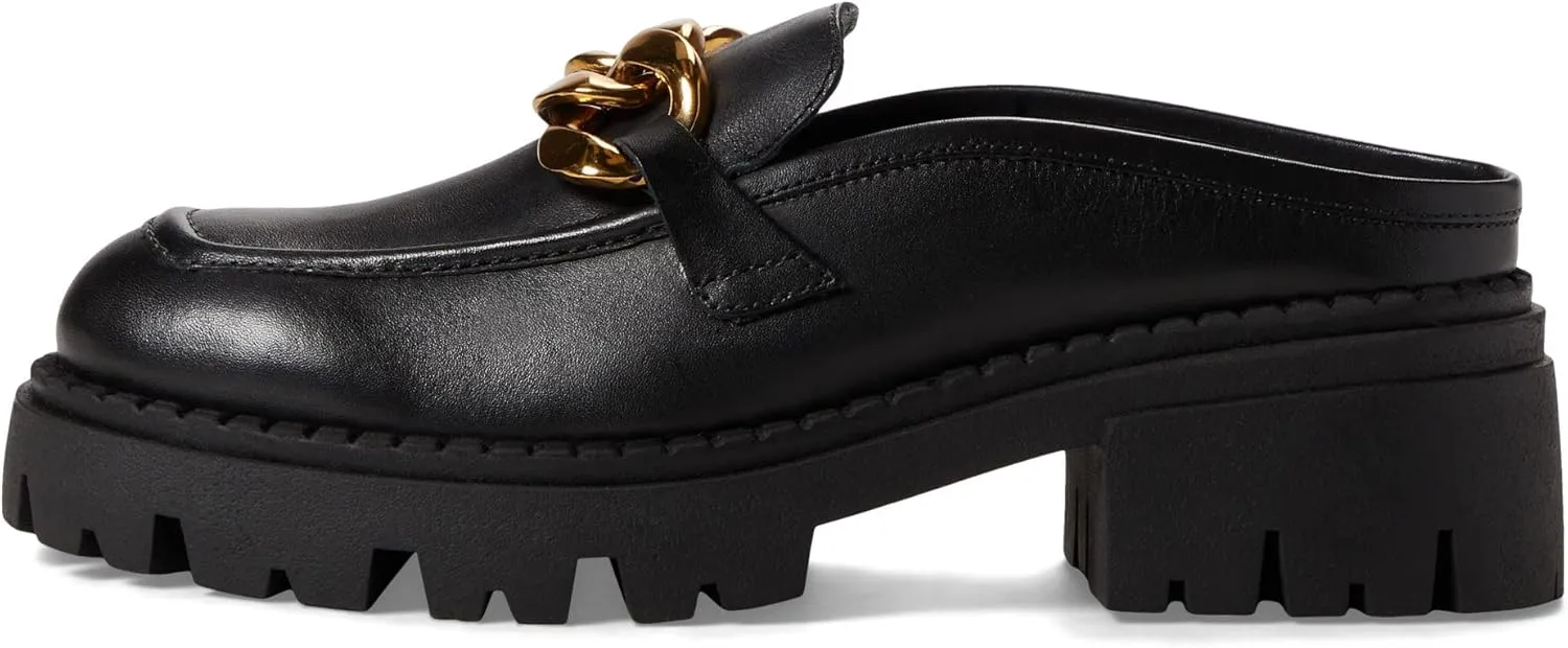 Free People Lyra Link Mule Clogs for Women - Leather Upper, Goldtone Chain Detailing on The Vamp, and Block Heel Style