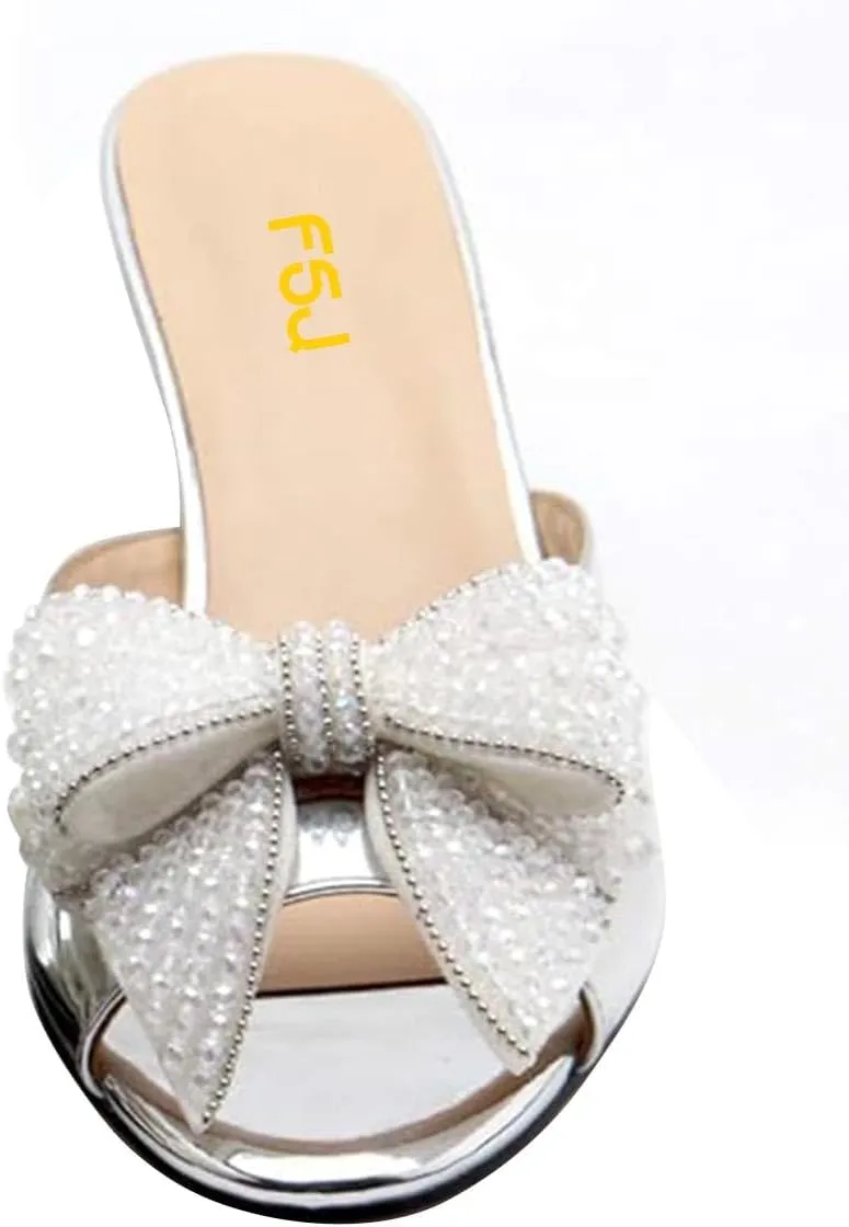 FSJ Women Rhinestone Bow Low Heel Mule Sandals Peep Toe Crystal Block Heel Slipper Shoes for Comfort Wedding Slides Size 4-16 US