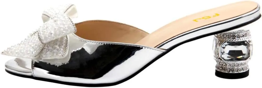 FSJ Women Rhinestone Bow Low Heel Mule Sandals Peep Toe Crystal Block Heel Slipper Shoes for Comfort Wedding Slides Size 4-16 US