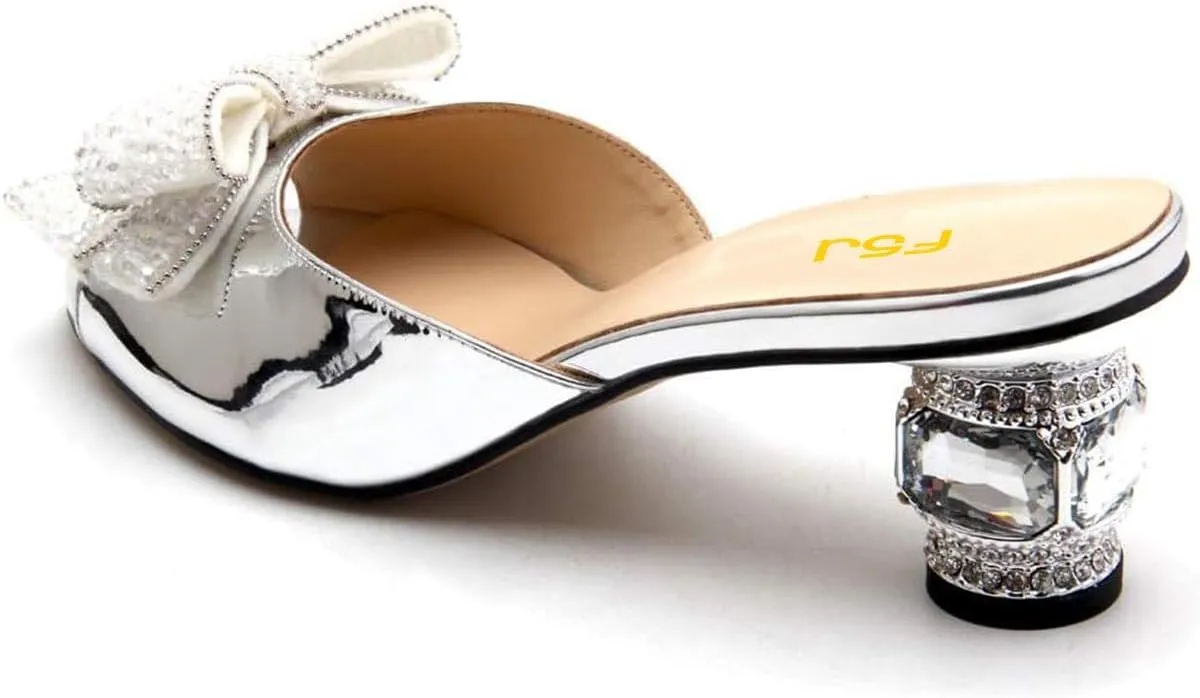 FSJ Women Rhinestone Bow Low Heel Mule Sandals Peep Toe Crystal Block Heel Slipper Shoes for Comfort Wedding Slides Size 4-16 US