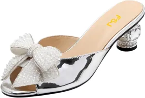 FSJ Women Rhinestone Bow Low Heel Mule Sandals Peep Toe Crystal Block Heel Slipper Shoes for Comfort Wedding Slides Size 4-16 US