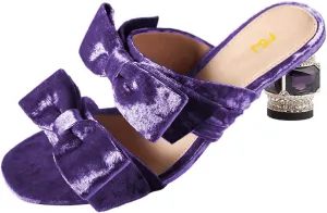 FSJ Women Two Bow Heeled Sandals Slip On Open Toe Low Crystal Block Chunky Heel Mule Velvet Bride Wedding Dress Shoes Size 4-16 US
