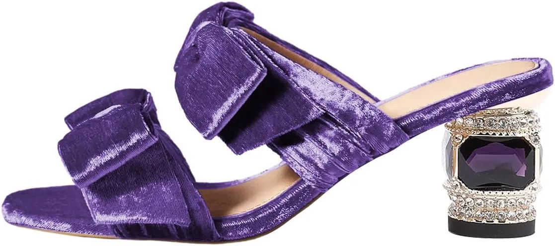 FSJ Women Two Bow Heeled Sandals Slip On Open Toe Low Crystal Block Chunky Heel Mule Velvet Bride Wedding Dress Shoes Size 4-16 US