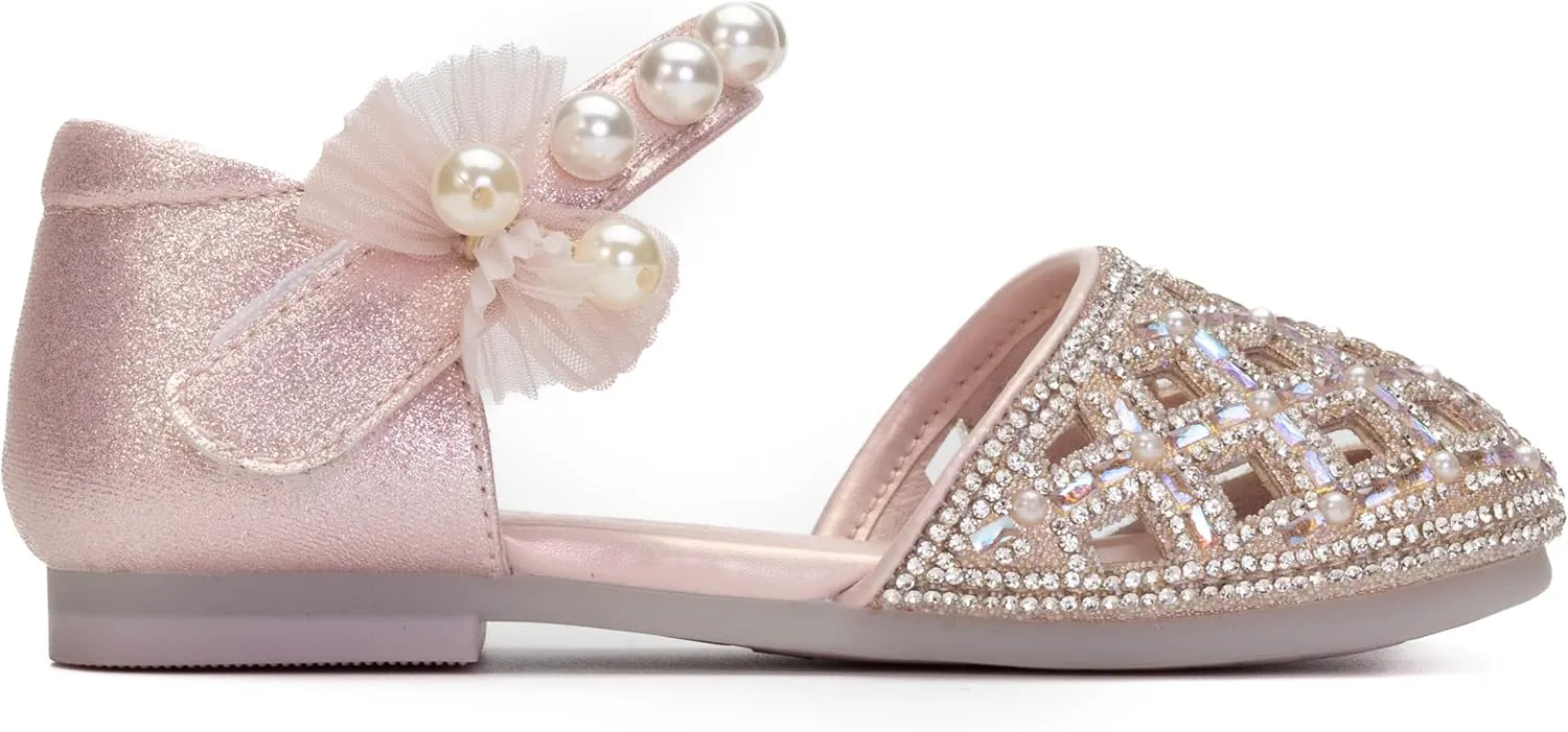Girls Princess Dress Shoes with Pearls and Glitter – Flat Party Shoes for Toddlers & Little Kids – Sparkly Closed-Toe Mary Janes for Wedding or Birthday