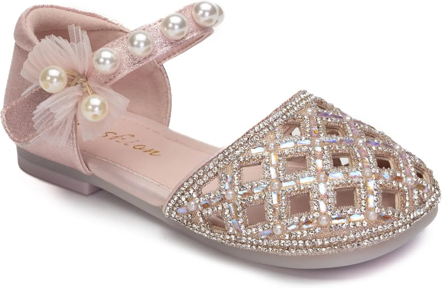 Girls Princess Dress Shoes with Pearls and Glitter – Flat Party Shoes for Toddlers & Little Kids – Sparkly Closed-Toe Mary Janes for Wedding or Birthday