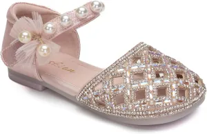 Girls Princess Dress Shoes with Pearls and Glitter – Flat Party Shoes for Toddlers & Little Kids – Sparkly Closed-Toe Mary Janes for Wedding or Birthday