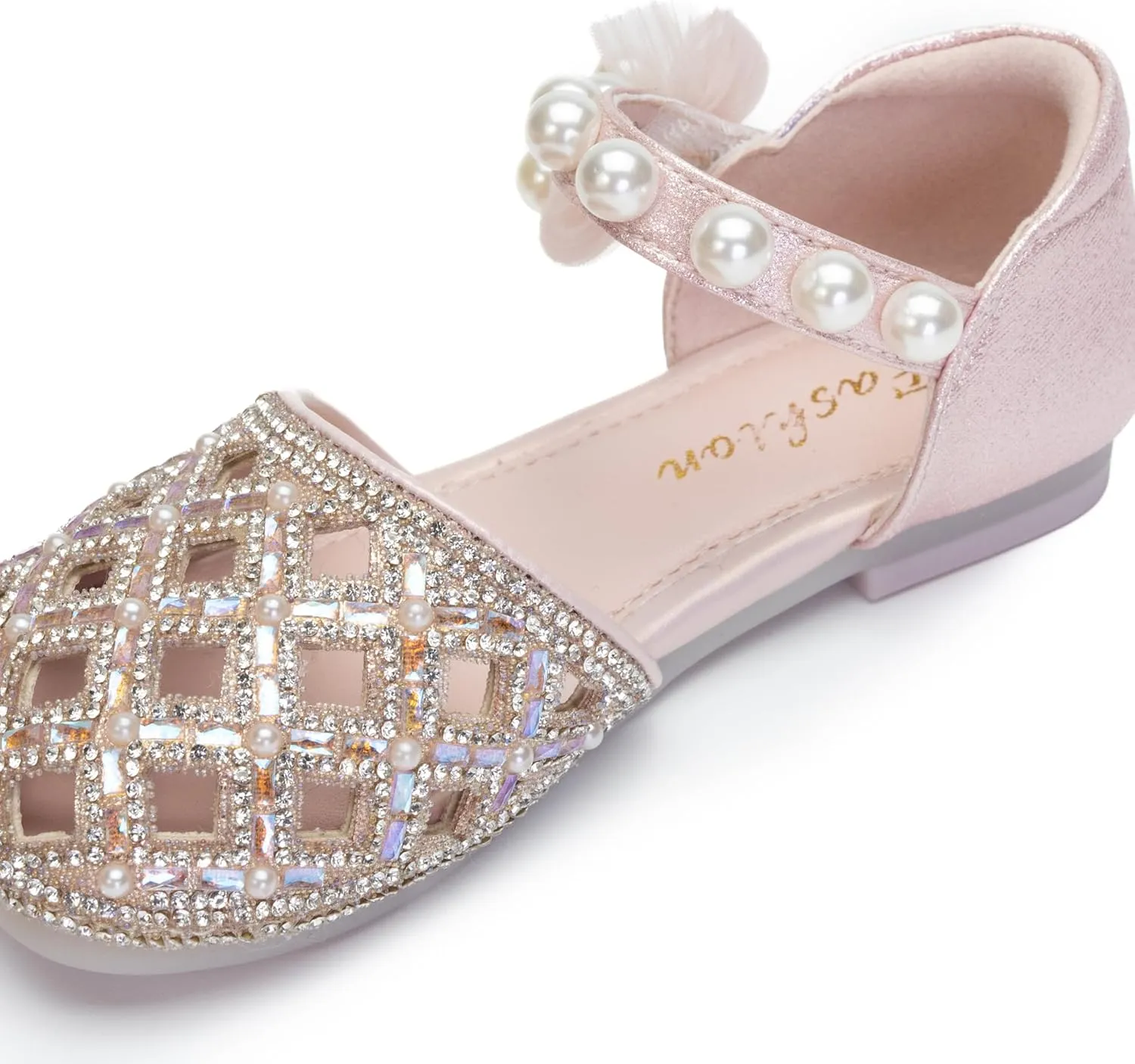 Girls Princess Dress Shoes with Pearls and Glitter – Flat Party Shoes for Toddlers & Little Kids – Sparkly Closed-Toe Mary Janes for Wedding or Birthday