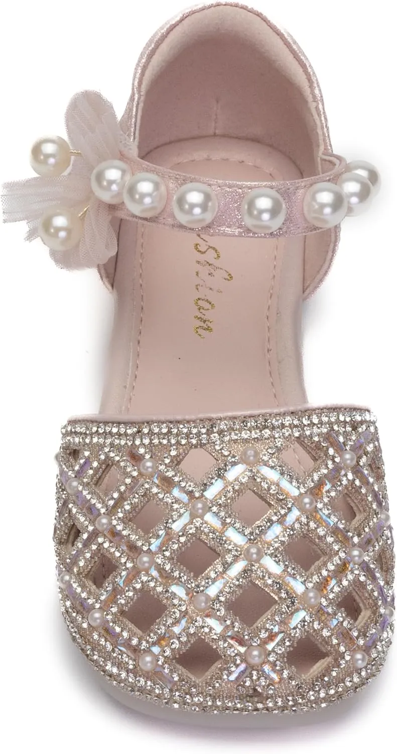 Girls Princess Dress Shoes with Pearls and Glitter – Flat Party Shoes for Toddlers & Little Kids – Sparkly Closed-Toe Mary Janes for Wedding or Birthday