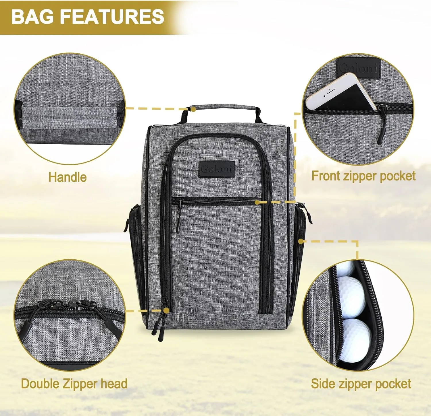 Goloni 2Pcs Golf Shoe Bag for Men & Women, Padded Travel Shoe Bag with Side Accessory Pockets,Sport Shoe Carrier for Golf Shoes,Socks,Tees & Balls,Durable & Lightweight Design(Black Gray)