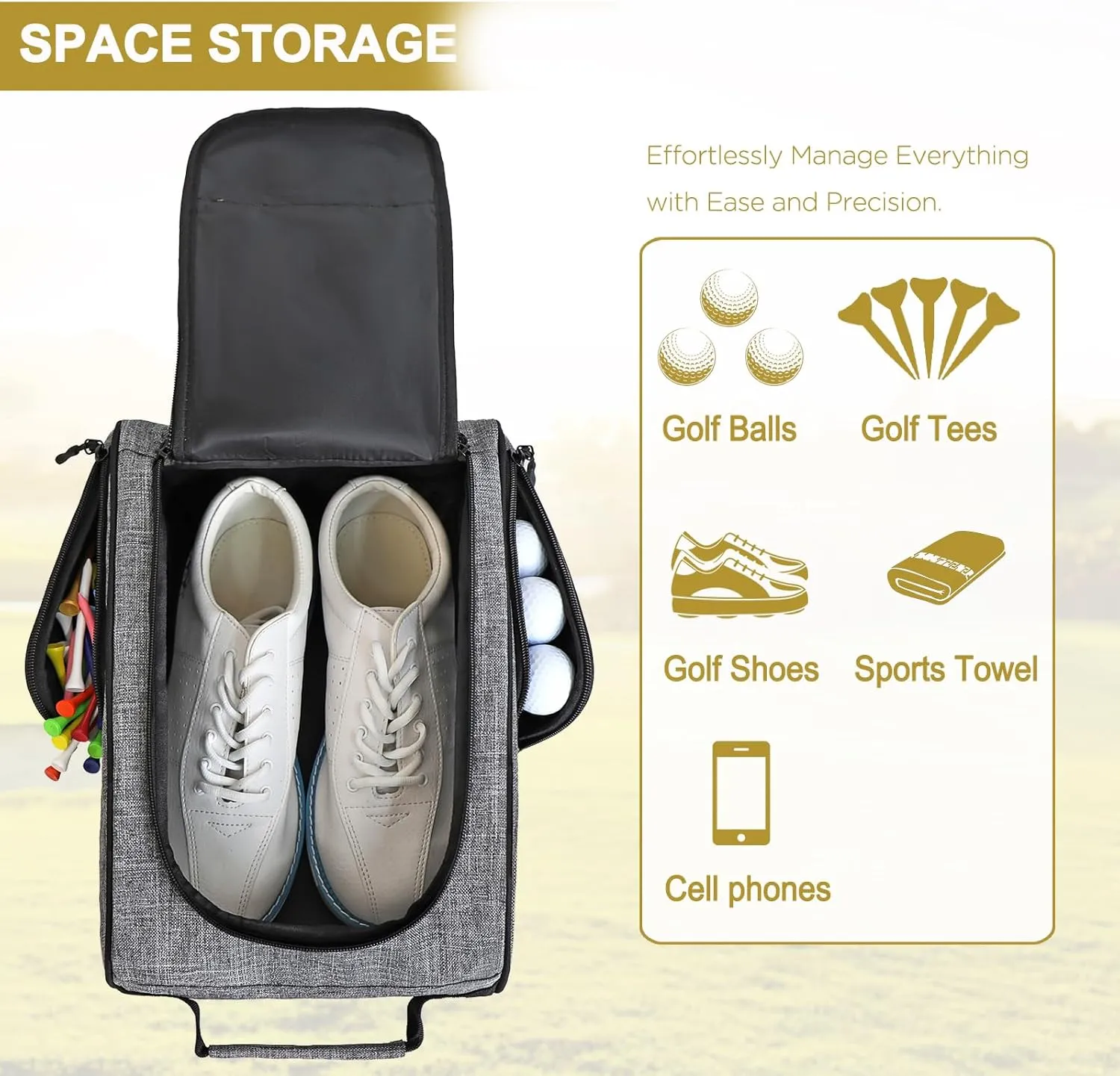 Goloni 2Pcs Golf Shoe Bag for Men & Women, Padded Travel Shoe Bag with Side Accessory Pockets,Sport Shoe Carrier for Golf Shoes,Socks,Tees & Balls,Durable & Lightweight Design(Black Gray)