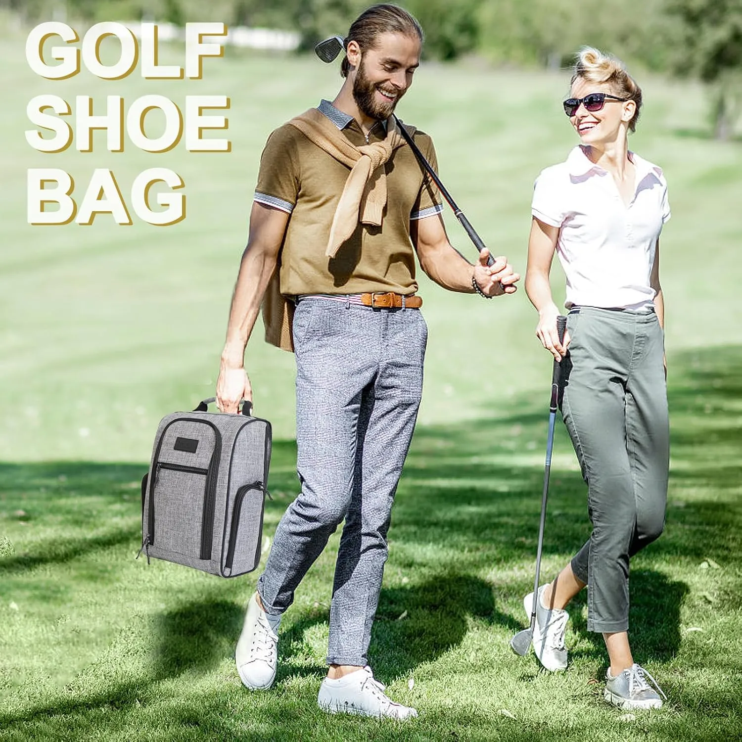 Goloni 2Pcs Golf Shoe Bag for Men & Women, Padded Travel Shoe Bag with Side Accessory Pockets,Sport Shoe Carrier for Golf Shoes,Socks,Tees & Balls,Durable & Lightweight Design(Black Gray)