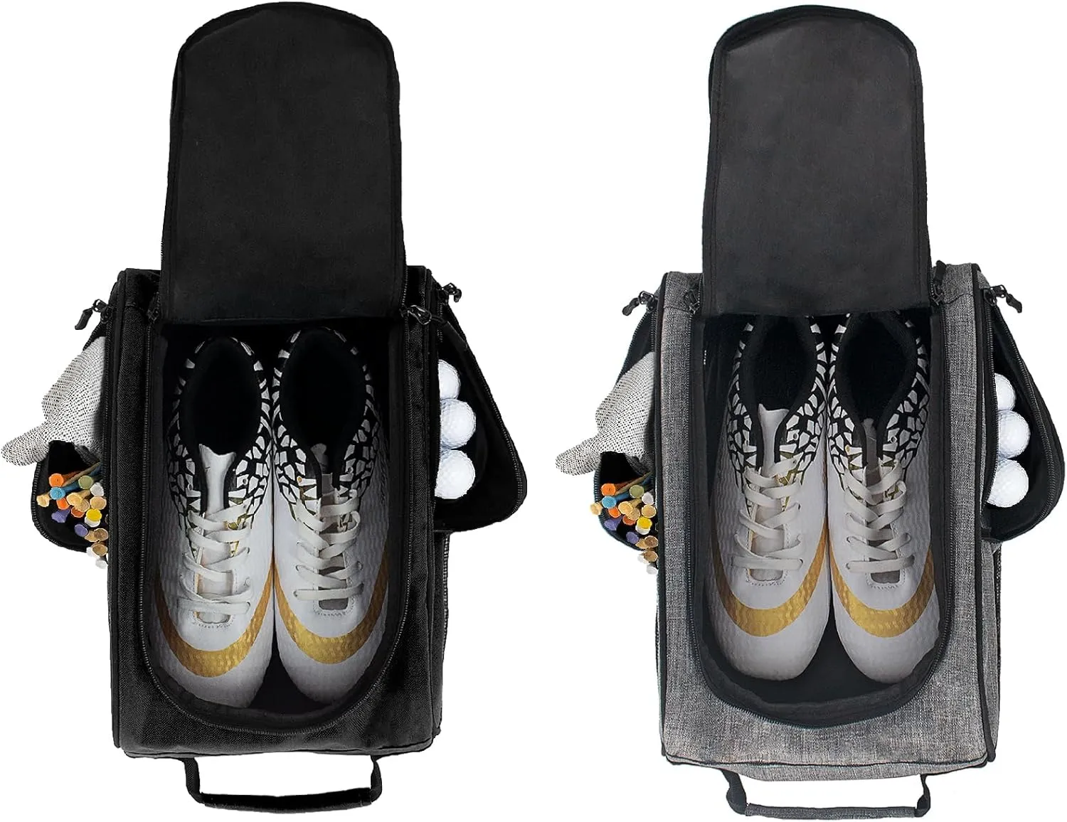 Goloni 2Pcs Golf Shoe Bag for Men & Women, Padded Travel Shoe Bag with Side Accessory Pockets,Sport Shoe Carrier for Golf Shoes,Socks,Tees & Balls,Durable & Lightweight Design(Black Gray)