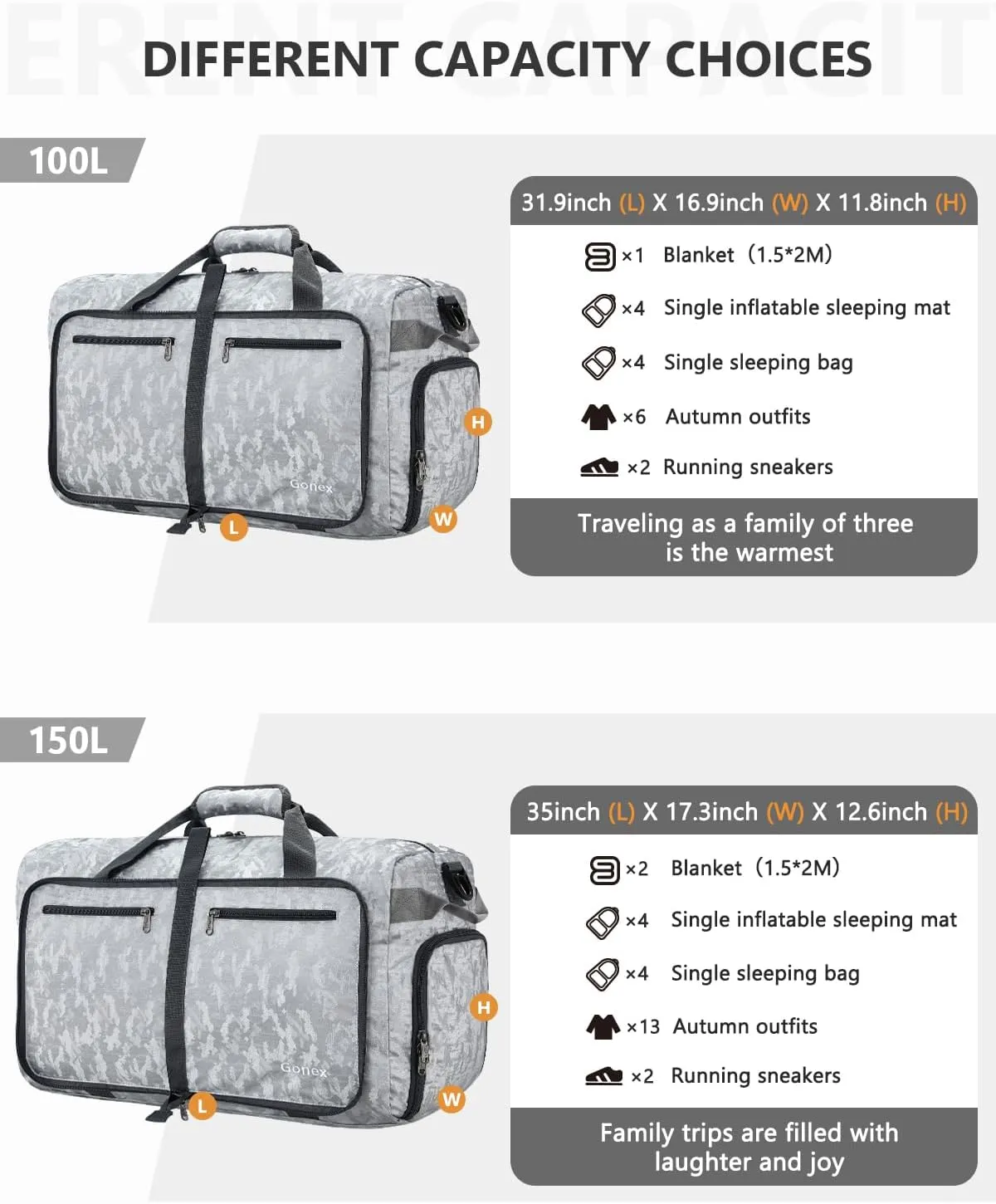 Gonex 40L 60L 80L 100L 150L Large Foldable Travel Duffle Bag with Shoes Compartment, Packable Lightweight Water Repellent Duffel Bag for Camping Gym Weekender Bag