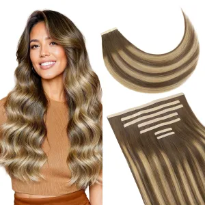 GOO GOO Tape Weft Hair extenisons, 4/27/4 Balayage Chocolate Brown to Caramel Blonde, 8"/6"/4"/1.5" Wide Tape, 20inch 7pcs 130g, Real Human Hair, Seamless Tape in, Instant Length&Volume