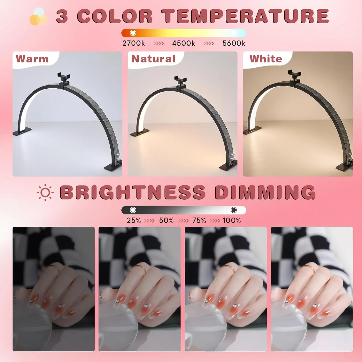 Half Moon Light for Nail Desk with Phone Holder,29 Inches 50W, 180-Degree Illumination, 3 Color Temperature Adjustable & Dimmable for Beauty Salon Eyelash Desk Lamp, Manicure Nail Art Fill Light
