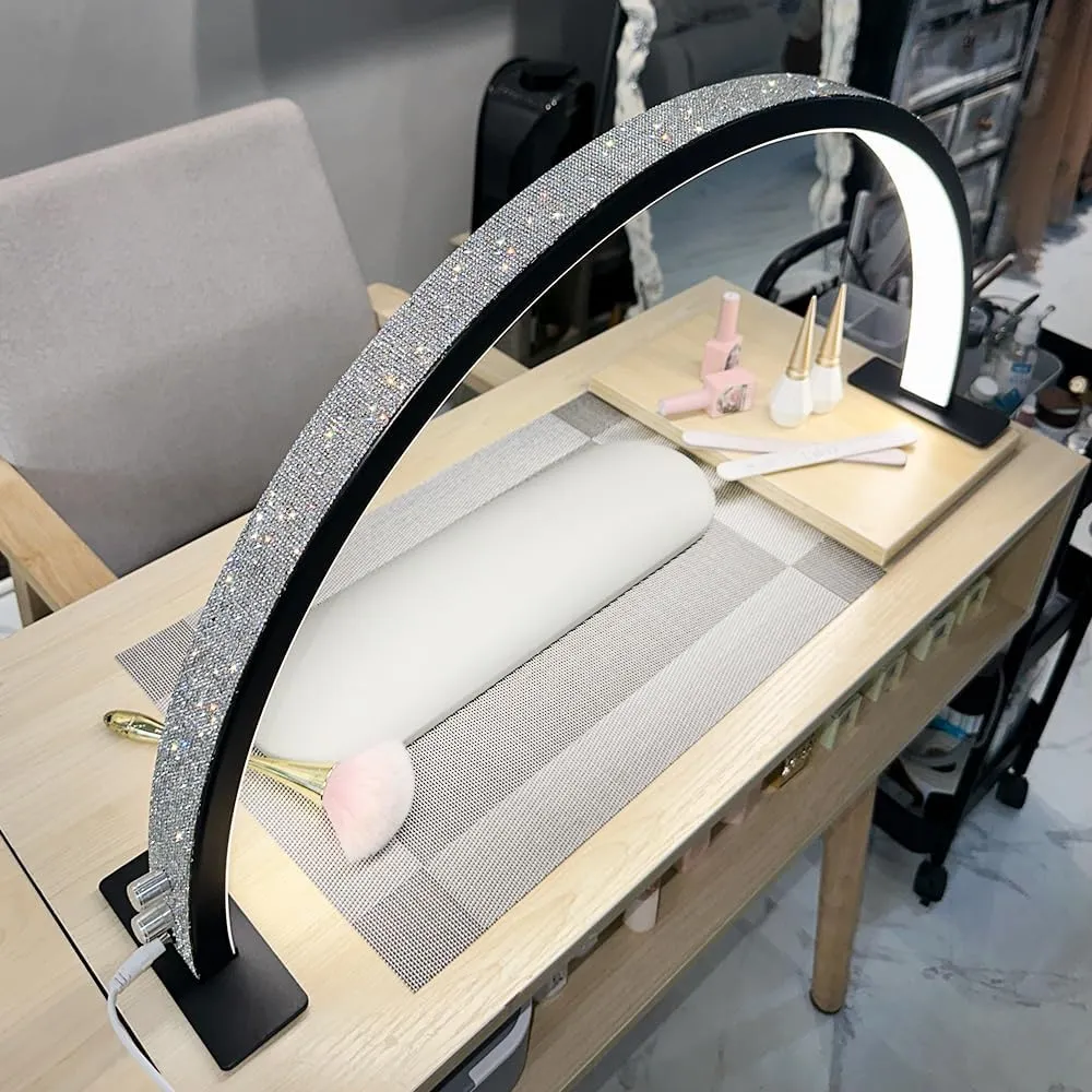 Half Moon Light for Nail Desk with Phone Holder,29 Inches 50W, 180-Degree Illumination, 3 Color Temperature Adjustable & Dimmable for Beauty Salon Eyelash Desk Lamp, Manicure Nail Art Fill Light