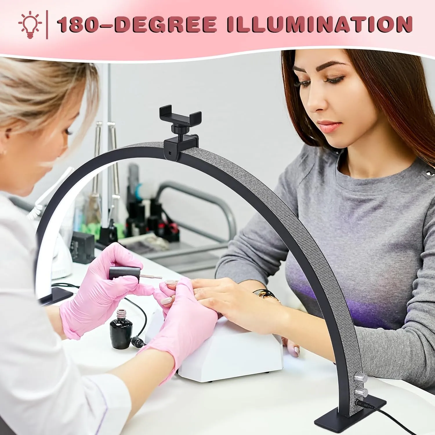 Half Moon Light for Nail Desk with Phone Holder,29 Inches 50W, 180-Degree Illumination, 3 Color Temperature Adjustable & Dimmable for Beauty Salon Eyelash Desk Lamp, Manicure Nail Art Fill Light