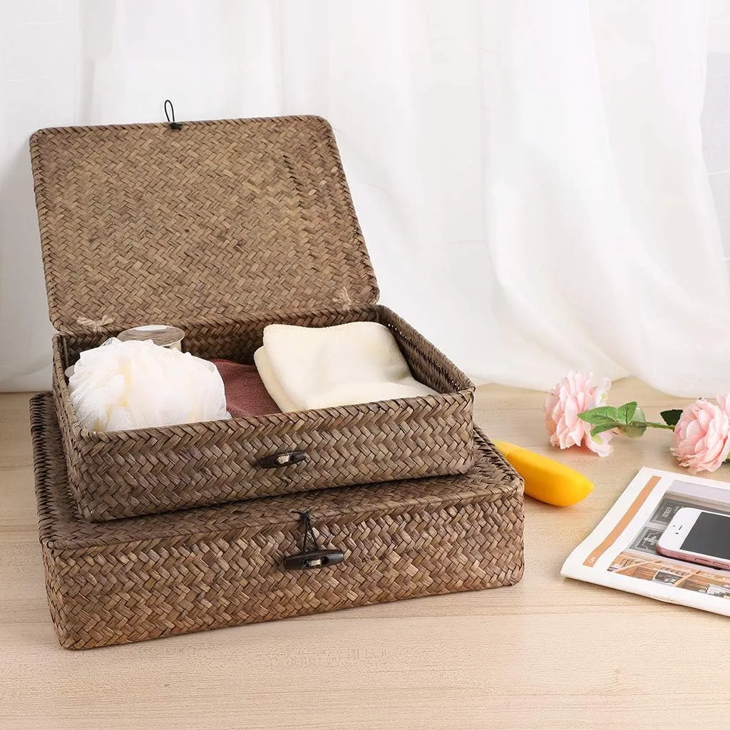 Hipiwe Set of 2 Flat Woven Wicker Storage Bins with Lid Natural Seagrass Basket Multipurpose Home Boxes for Shelf Organizer (Coffee)