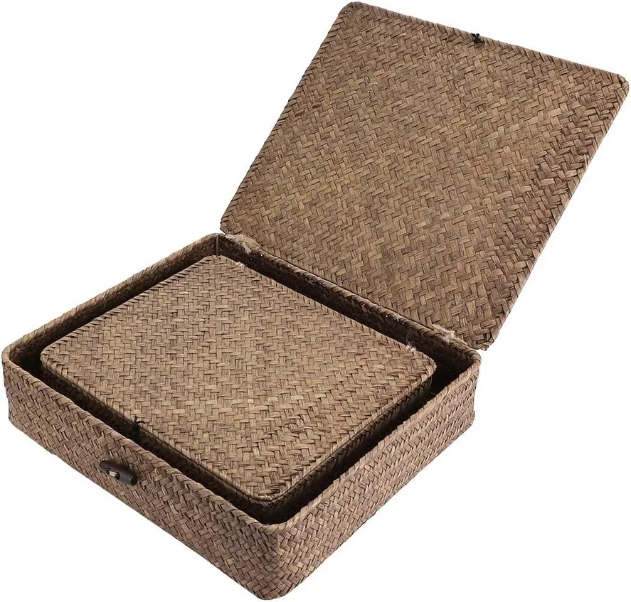 Hipiwe Set of 2 Flat Woven Wicker Storage Bins with Lid Natural Seagrass Basket Multipurpose Home Boxes for Shelf Organizer (Coffee)