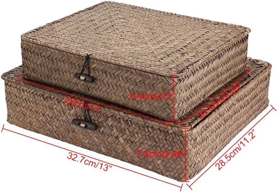 Hipiwe Set of 2 Flat Woven Wicker Storage Bins with Lid Natural Seagrass Basket Multipurpose Home Boxes for Shelf Organizer (Coffee)