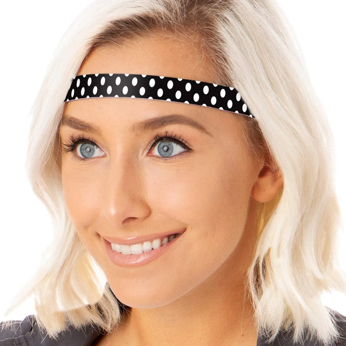 Hipsy Adjustable Non Slip Skinny Fashion Printed Sports Headbands 3-pack (Polka Dot Light Blue/White/Black)