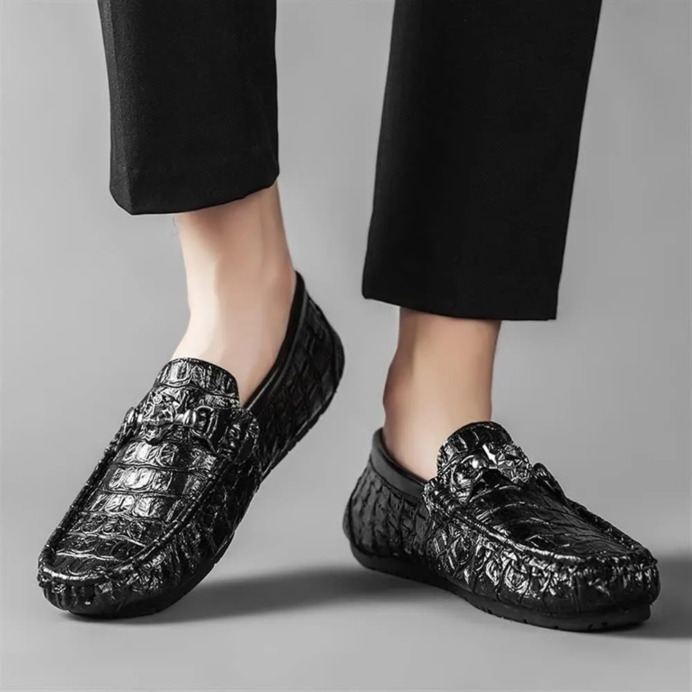 HOOENG Smoking Loafer Shoes for Men Moccasins Round Toe Faux Crocodile Print Leather Flexible Flat Heel Lightweight Casual Slip On