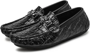 HOOENG Smoking Loafer Shoes for Men Moccasins Round Toe Faux Crocodile Print Leather Flexible Flat Heel Lightweight Casual Slip On