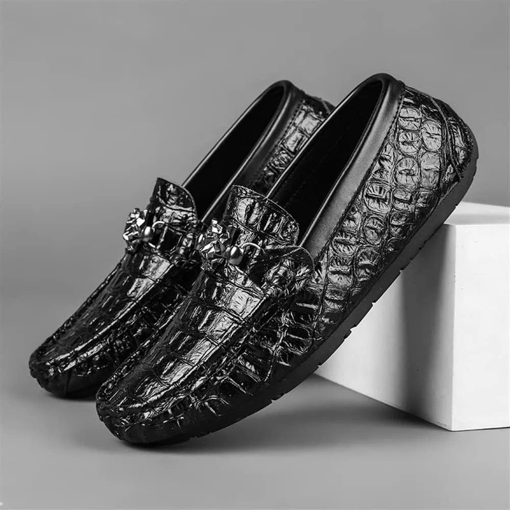 HOOENG Smoking Loafer Shoes for Men Moccasins Round Toe Faux Crocodile Print Leather Flexible Flat Heel Lightweight Casual Slip On