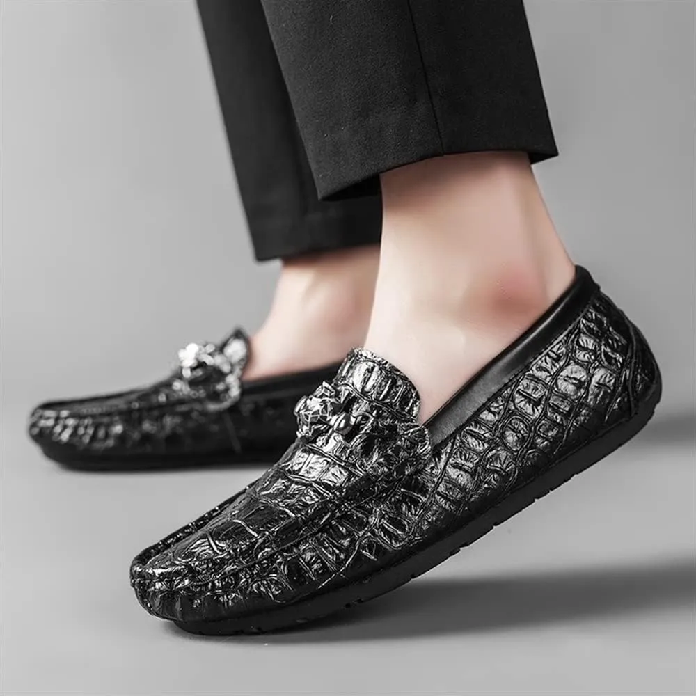 HOOENG Smoking Loafer Shoes for Men Moccasins Round Toe Faux Crocodile Print Leather Flexible Flat Heel Lightweight Casual Slip On