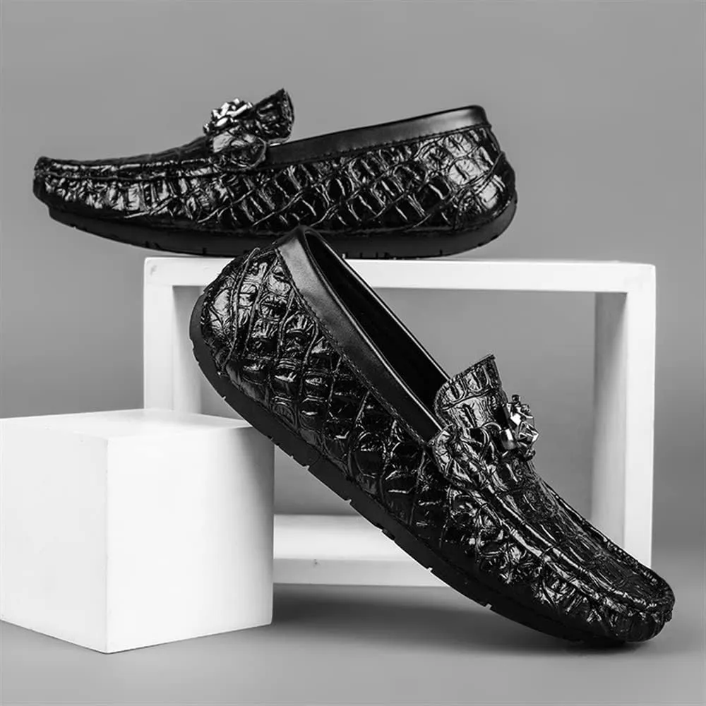 HOOENG Smoking Loafer Shoes for Men Moccasins Round Toe Faux Crocodile Print Leather Flexible Flat Heel Lightweight Casual Slip On