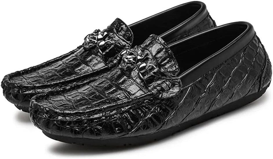 HOOENG Smoking Loafer Shoes for Men Moccasins Round Toe Faux Crocodile Print Leather Flexible Flat Heel Lightweight Casual Slip On