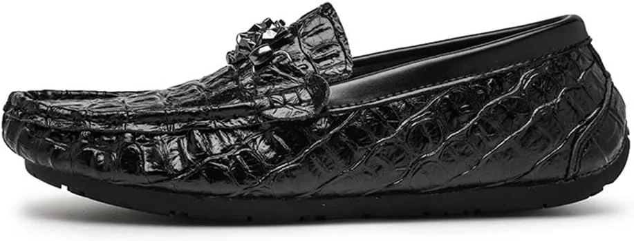 HOOENG Smoking Loafer Shoes for Men Moccasins Round Toe Faux Crocodile Print Leather Flexible Flat Heel Lightweight Casual Slip On