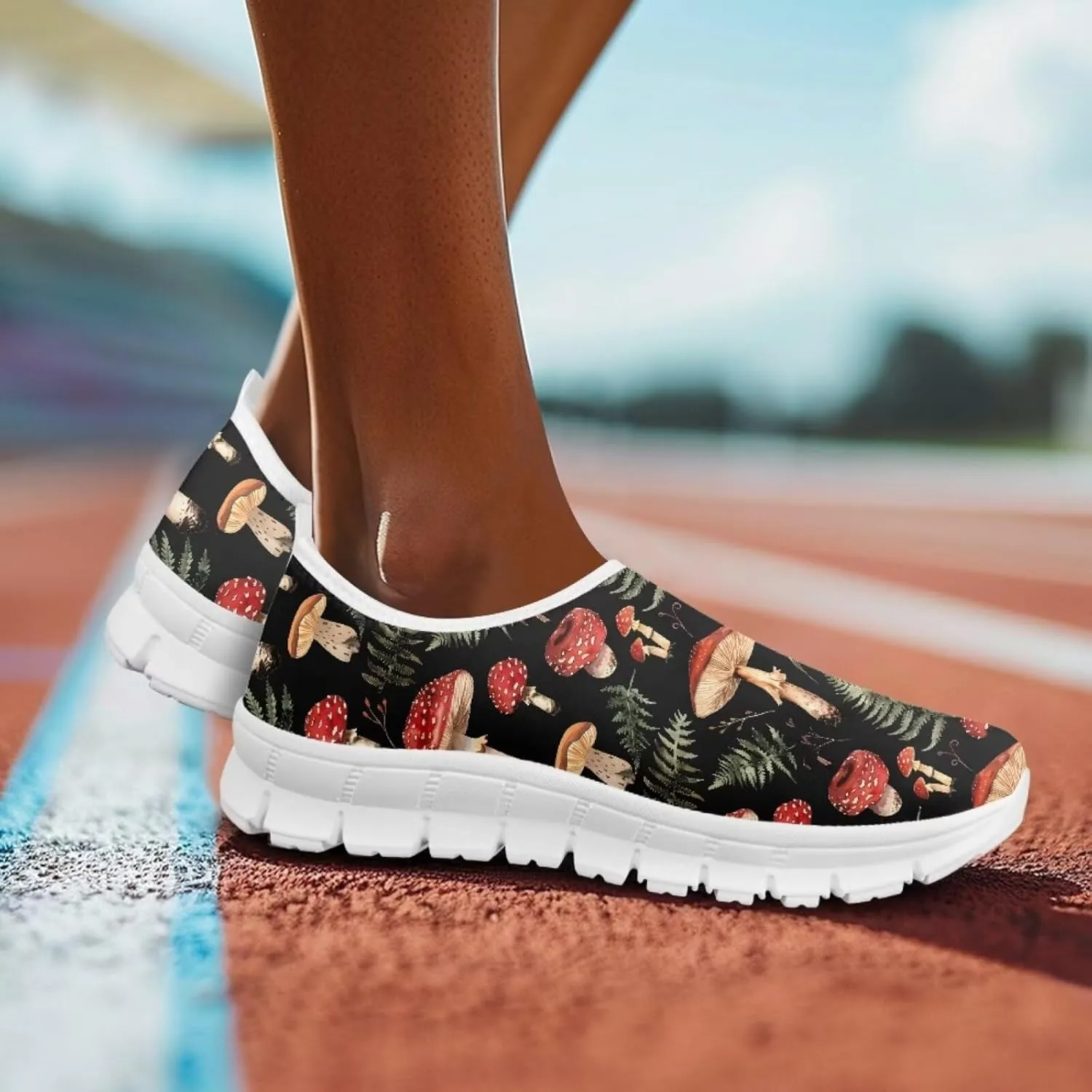 Howilath Hummingbird & Mushroom Slip on Shoes Women Casual Sport Shoes No Laces Running Sneakers with EVA Sole