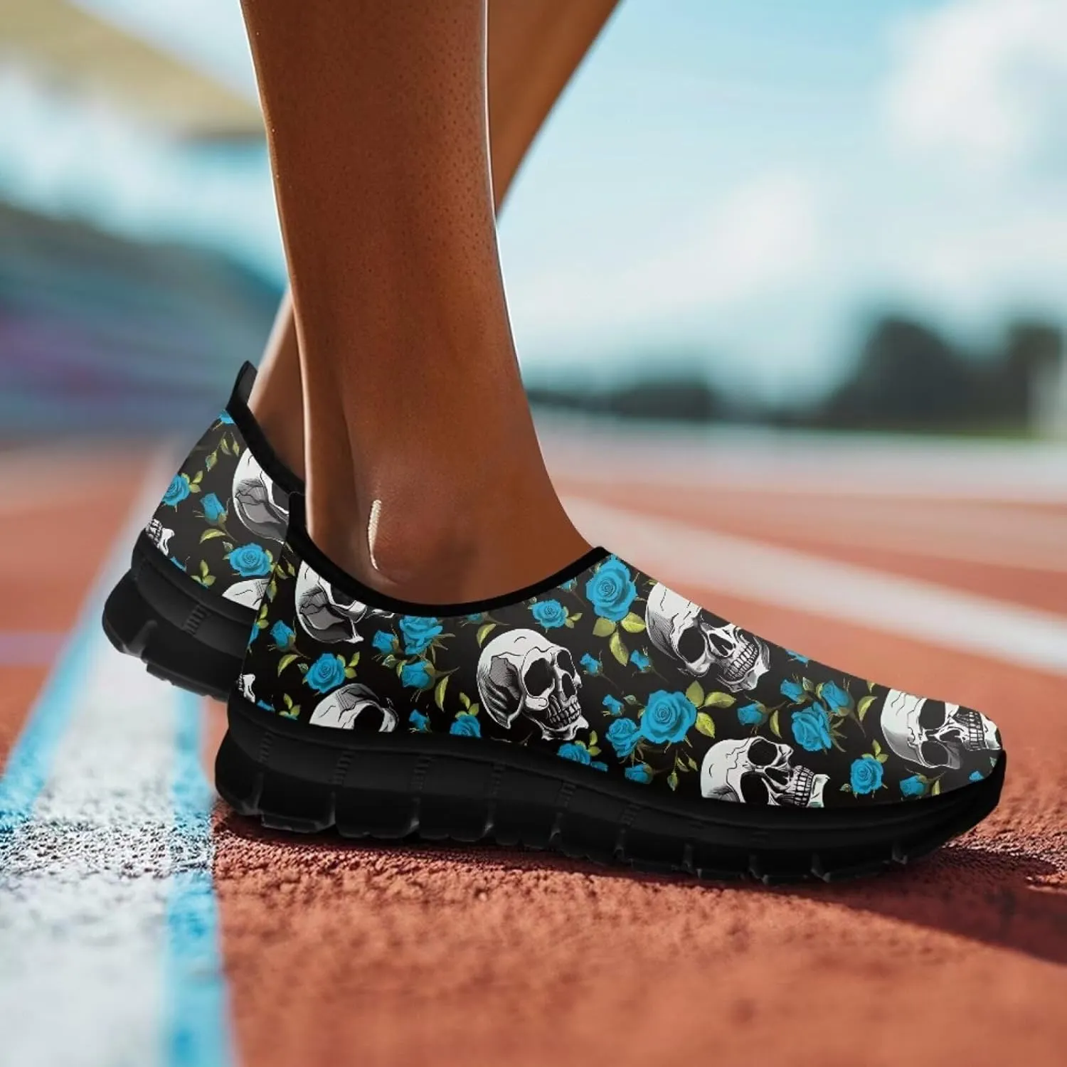 Howilath Skull Print Slip on Shoes for Men Casual House Shoes Running Sneakers Hands Free Shoes with Anti-Slip Sole