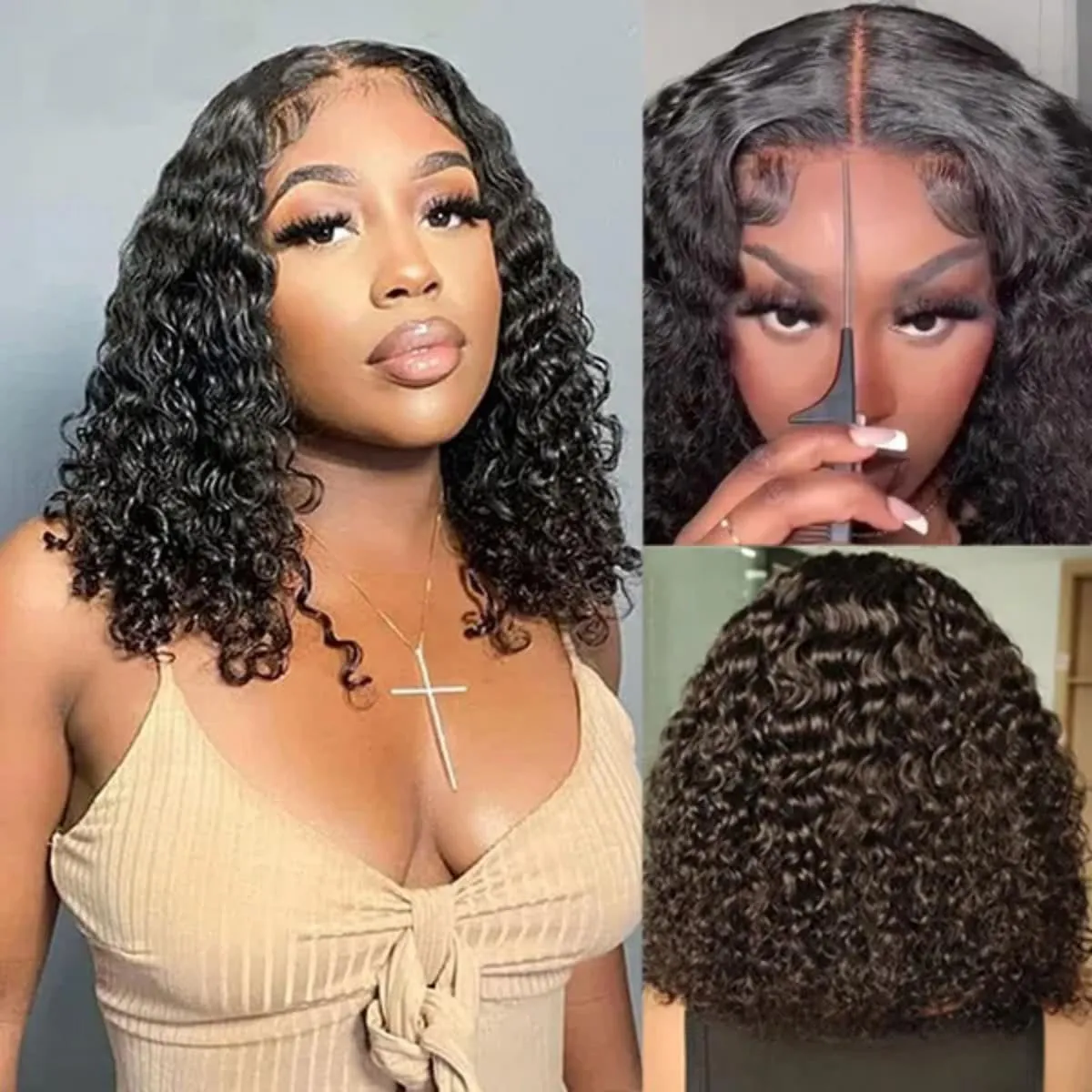 ISEE Hair Wear and Go Glueless Wigs Bob Wigs Human Hair Pre Plucked Water Wave Lace Front Wigs Human Hair Upgraded No Glue Transparent Lace Closure Wigs Human Hair for Women Natural Black 14 Inch