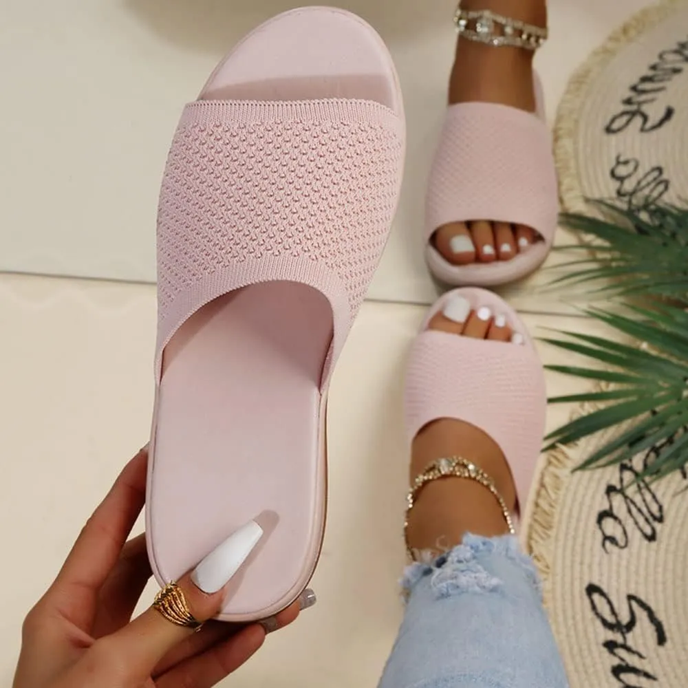 JITUUE Women's Mesh Synthetic Leather Open Toe Platform Slippers Cushioned Sole Flat Sandals