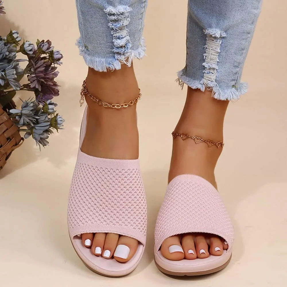 JITUUE Women's Mesh Synthetic Leather Open Toe Platform Slippers Cushioned Sole Flat Sandals
