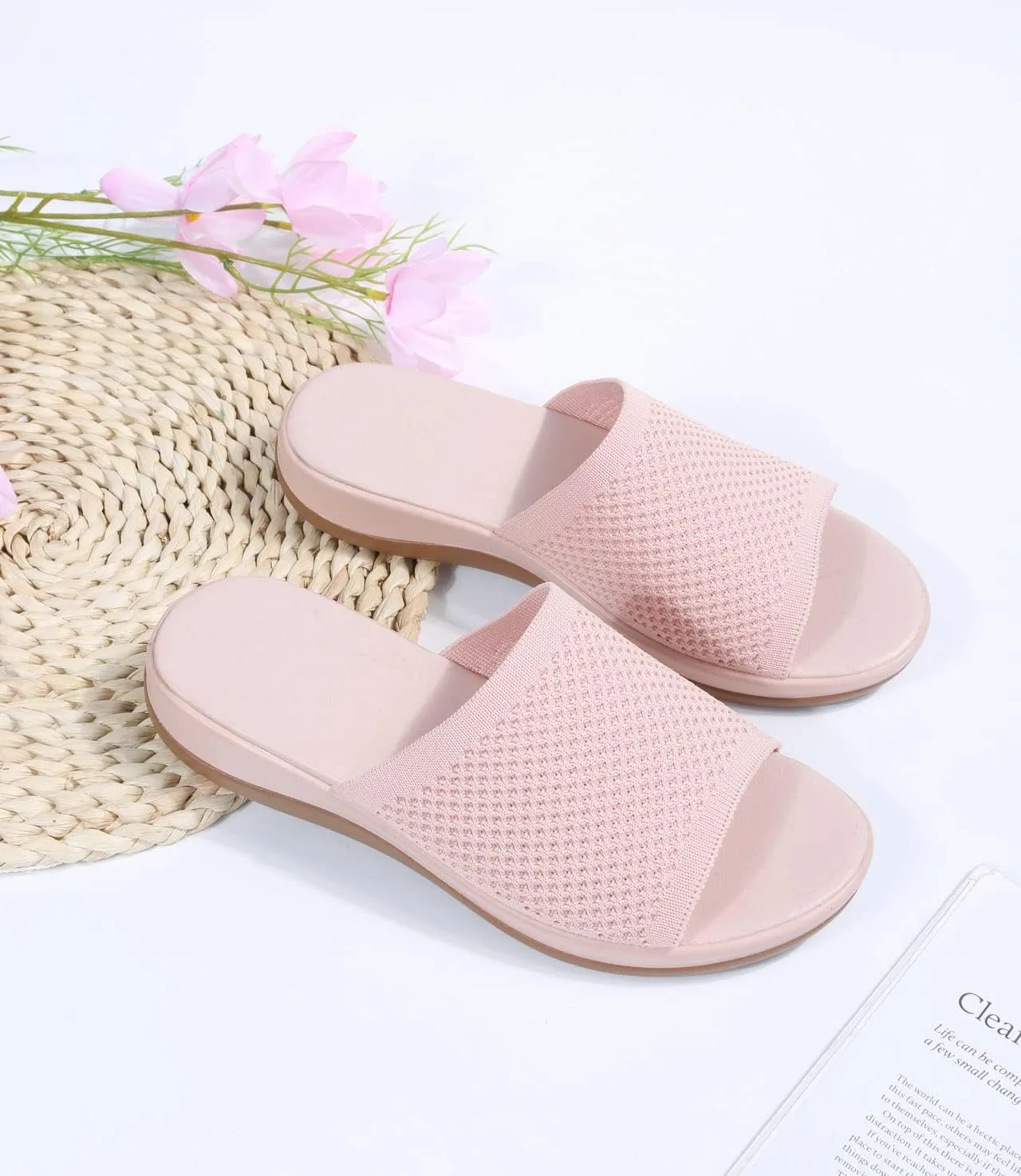 JITUUE Women's Mesh Synthetic Leather Open Toe Platform Slippers Cushioned Sole Flat Sandals
