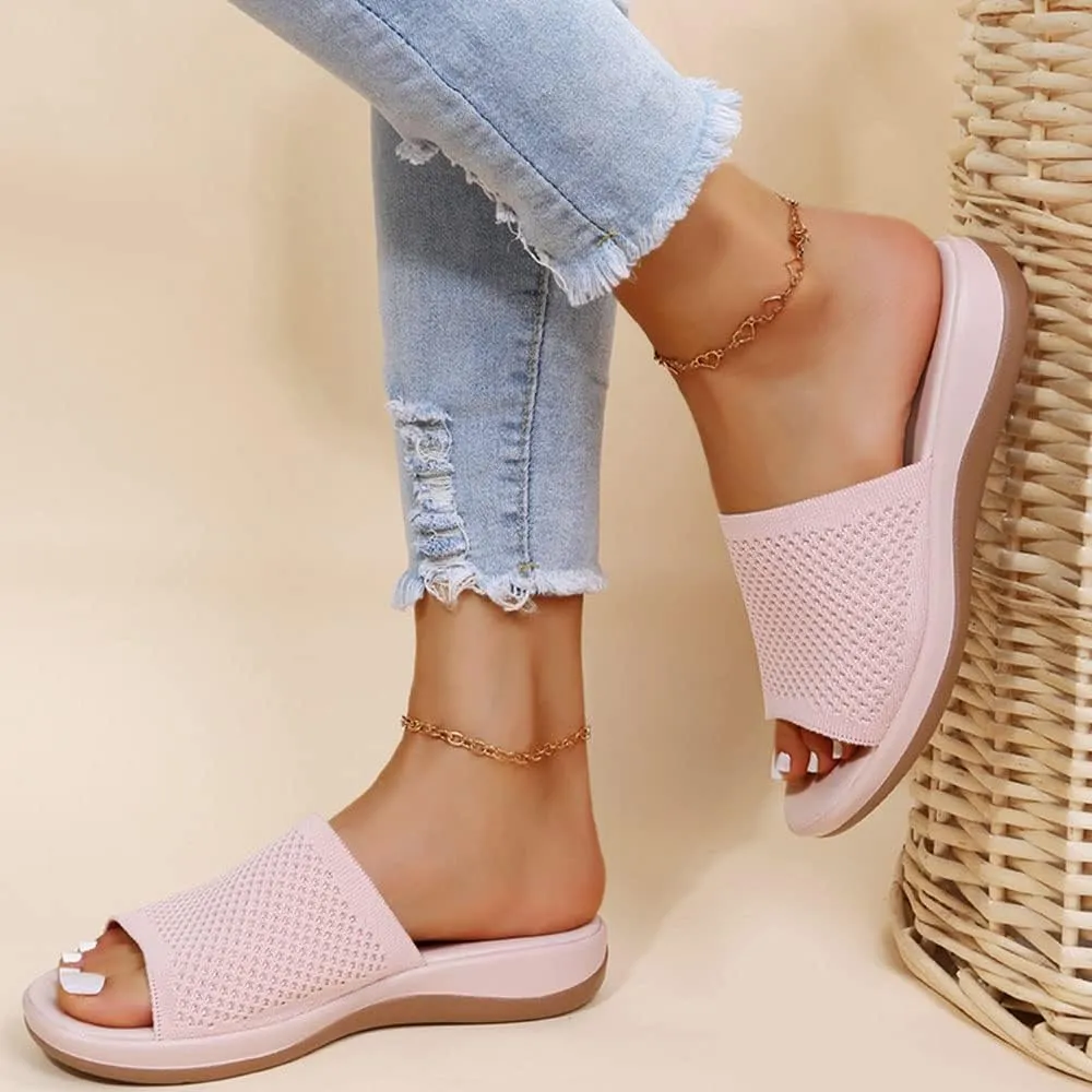 JITUUE Women's Mesh Synthetic Leather Open Toe Platform Slippers Cushioned Sole Flat Sandals