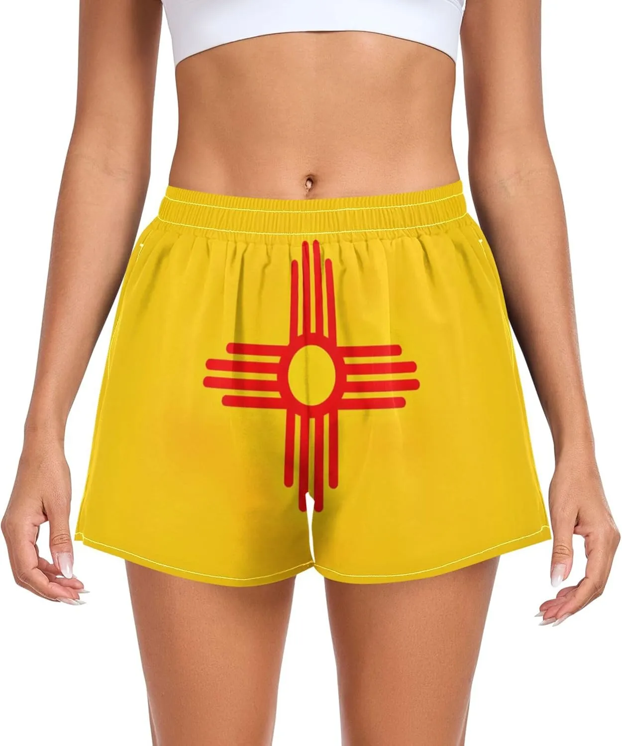Joisal Funny Running Shorts Womens Sport High Waisted Athletic Workout Shorts with Pockets Short New Mexico State Flag, Small