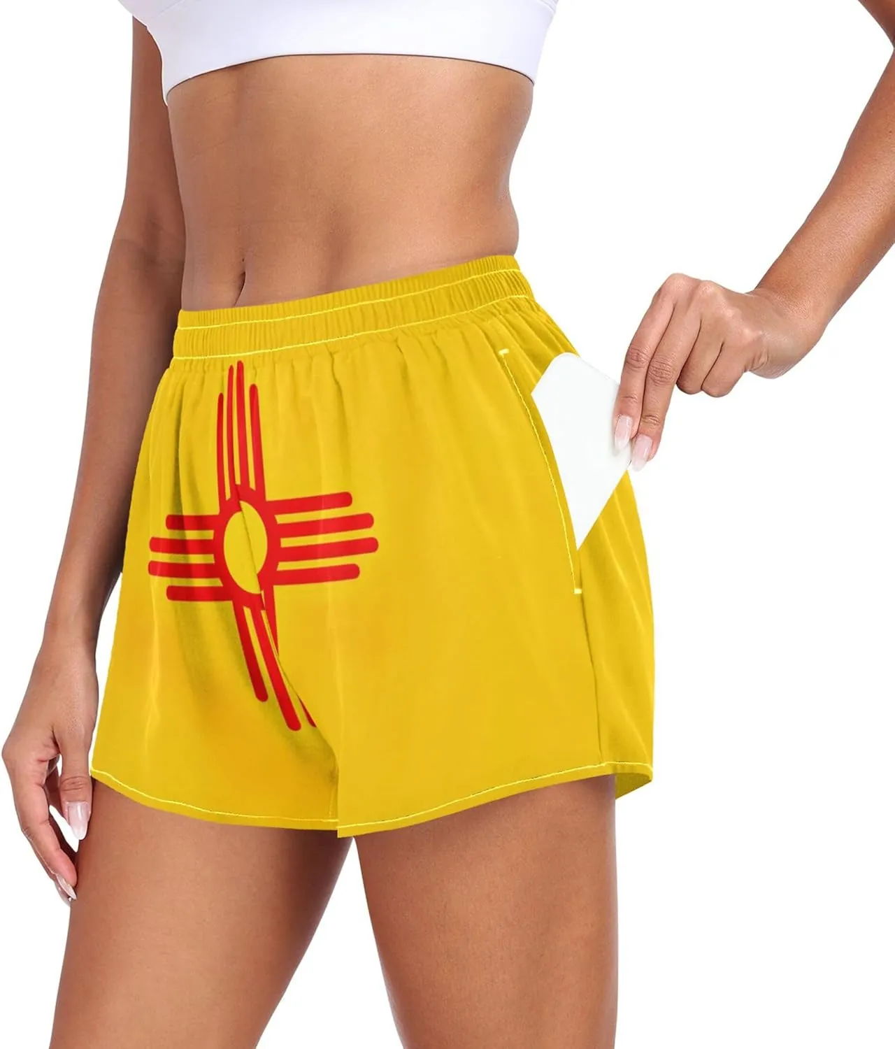 Joisal Funny Running Shorts Womens Sport High Waisted Athletic Workout Shorts with Pockets Short New Mexico State Flag, Small