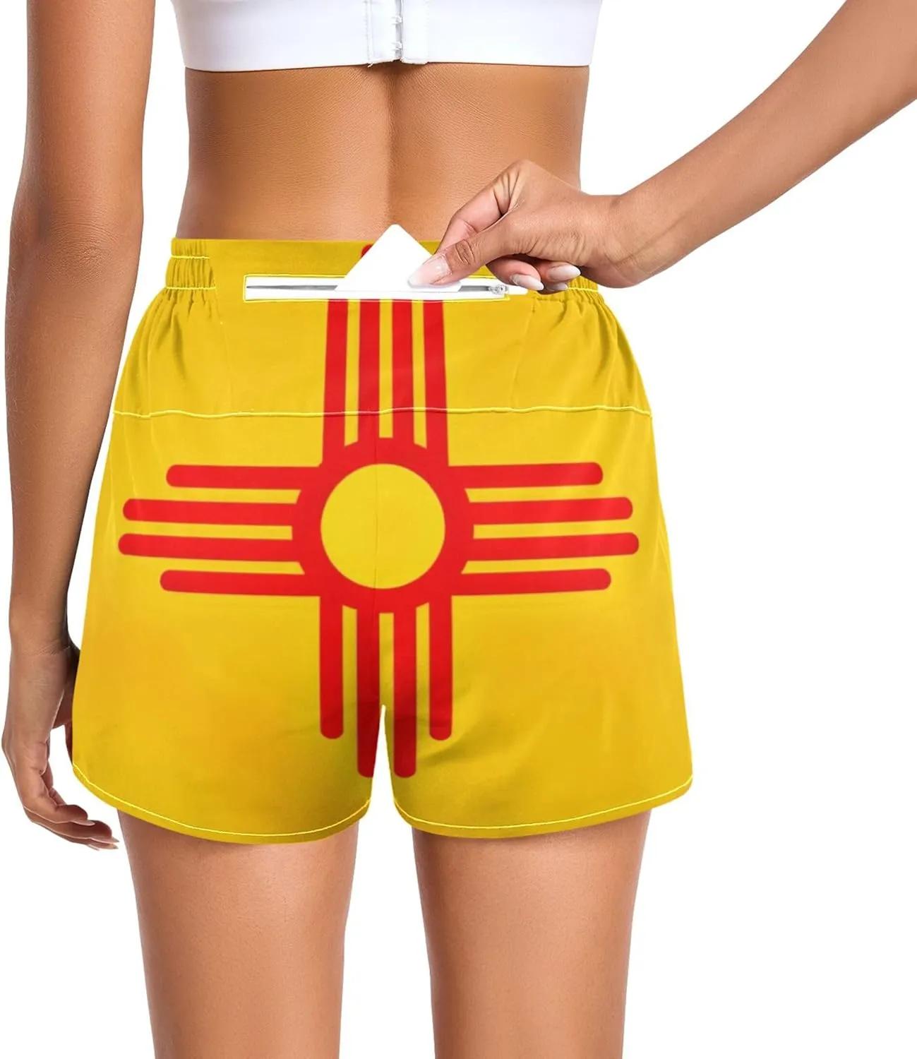 Joisal Funny Running Shorts Womens Sport High Waisted Athletic Workout Shorts with Pockets Short New Mexico State Flag, Small