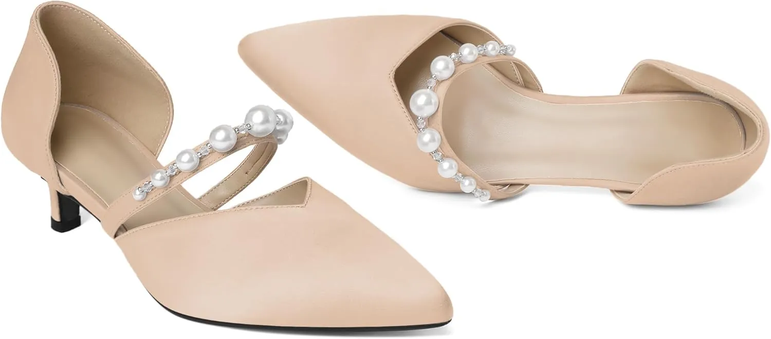 Joseywade Low Heels for Women Kitten Heels Pumps Pearl Closed Pointed Toe Slip-on 1.5 Inch Satin Wedding D'Orsay Bridal Shoes