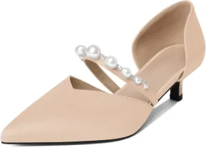 Joseywade Low Heels for Women Kitten Heels Pumps Pearl Closed Pointed Toe Slip-on 1.5 Inch Satin Wedding D'Orsay Bridal Shoes