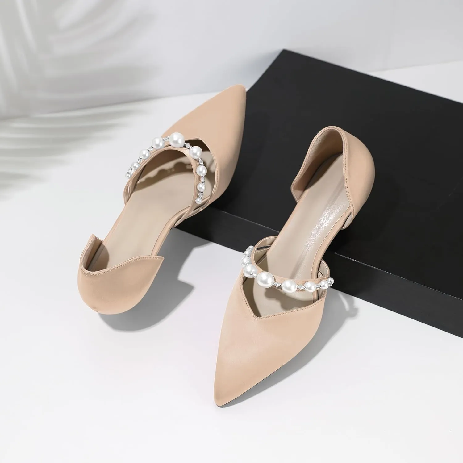Joseywade Low Heels for Women Kitten Heels Pumps Pearl Closed Pointed Toe Slip-on 1.5 Inch Satin Wedding D'Orsay Bridal Shoes