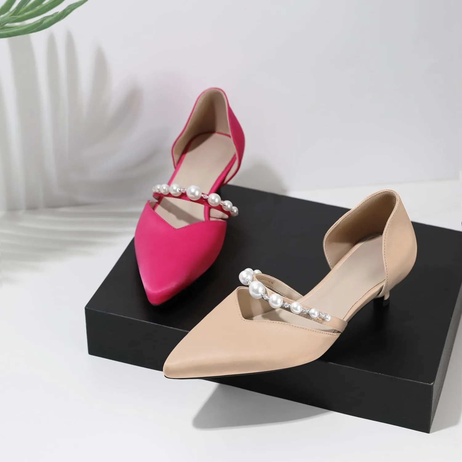 Joseywade Low Heels for Women Kitten Heels Pumps Pearl Closed Pointed Toe Slip-on 1.5 Inch Satin Wedding D'Orsay Bridal Shoes